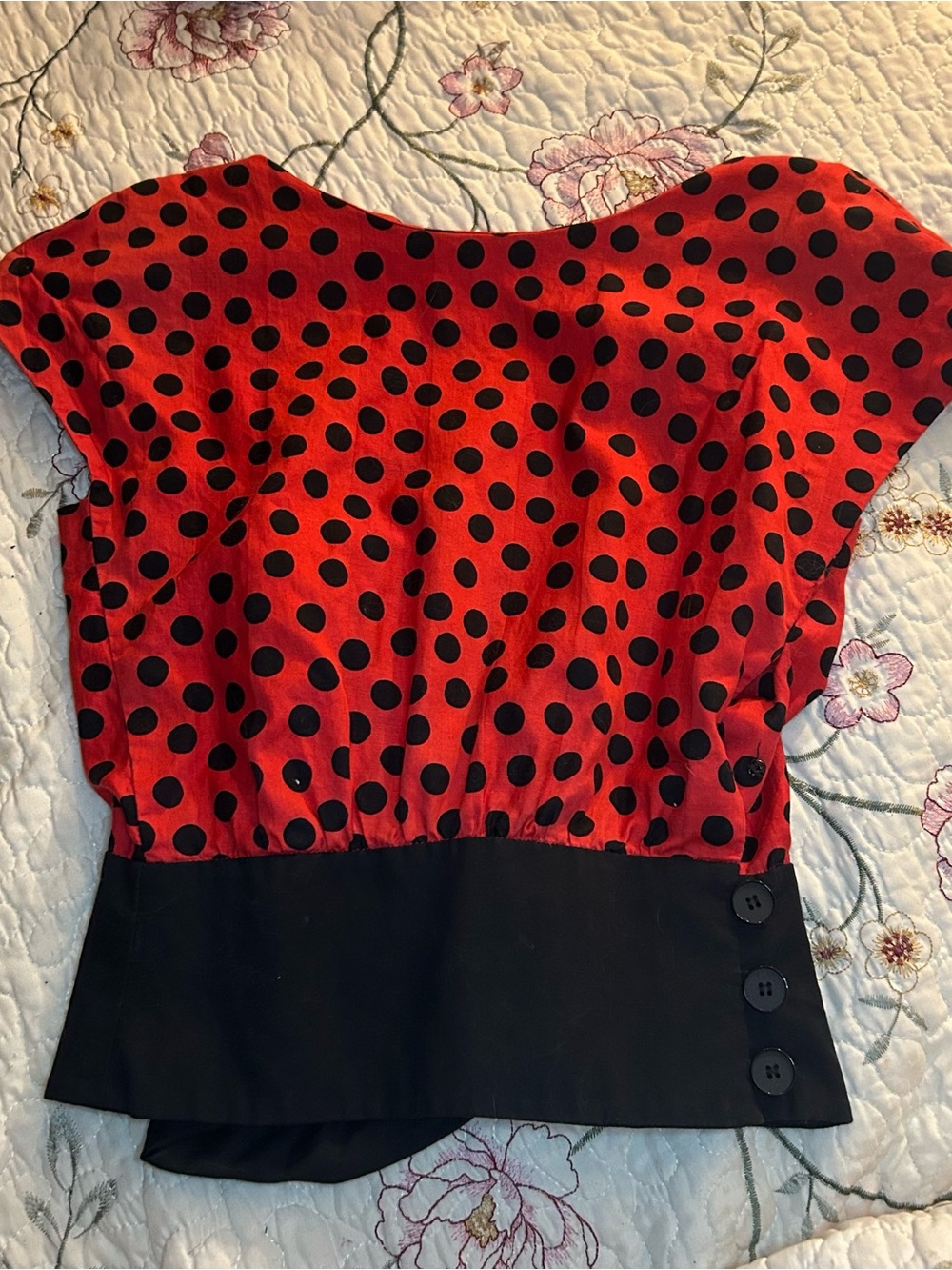 Polka Dot Red and Black Waist-Panel Blouse